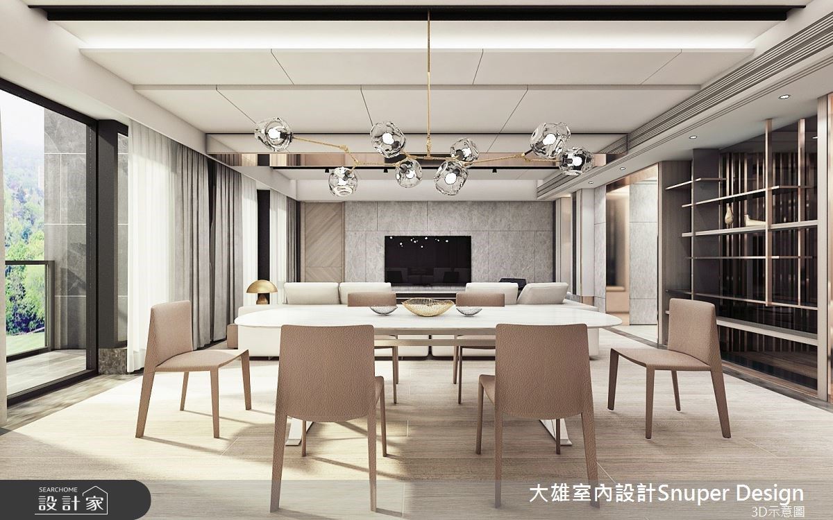 50坪現代風空間裡,伴隨大面窗引入綠意景緻,讓建築體