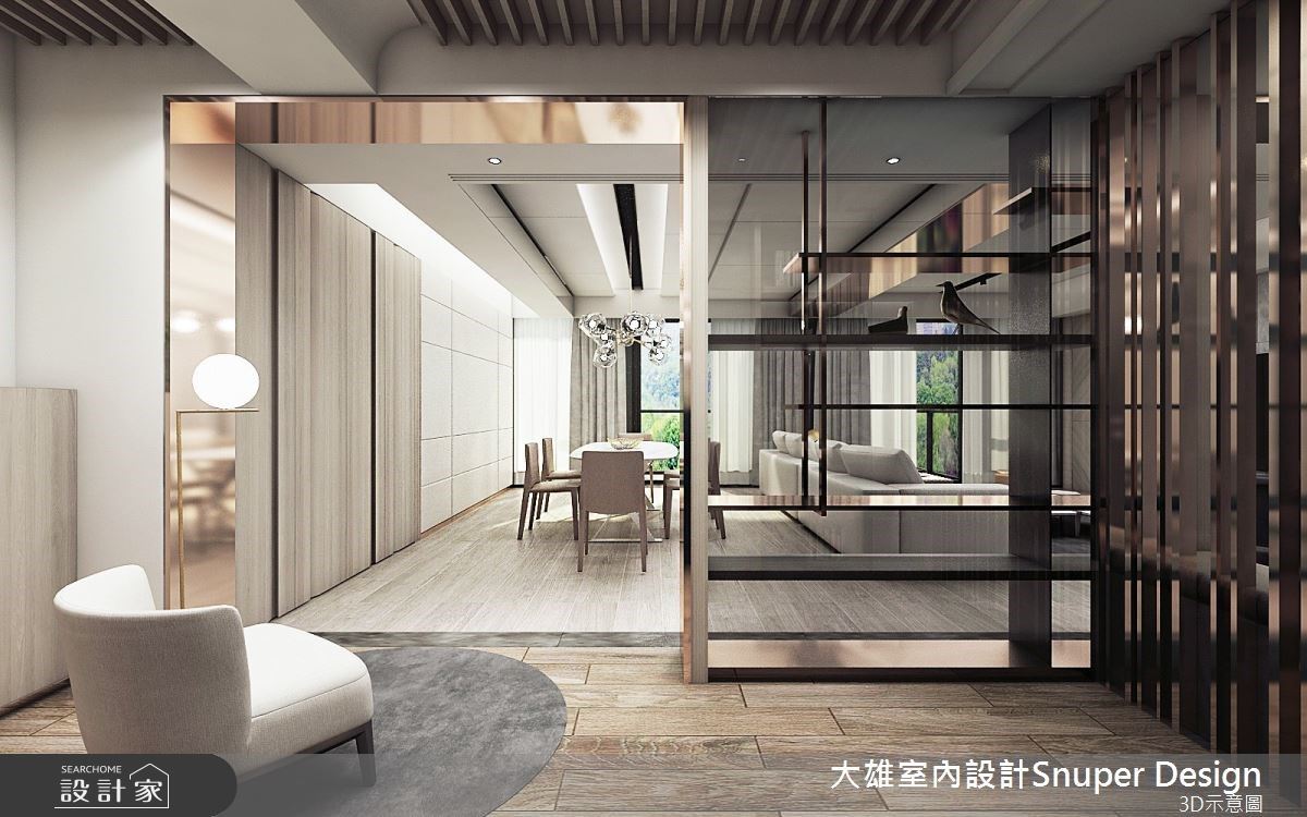 50坪現代風空間裡,伴隨大面窗引入綠意景緻,讓建築體