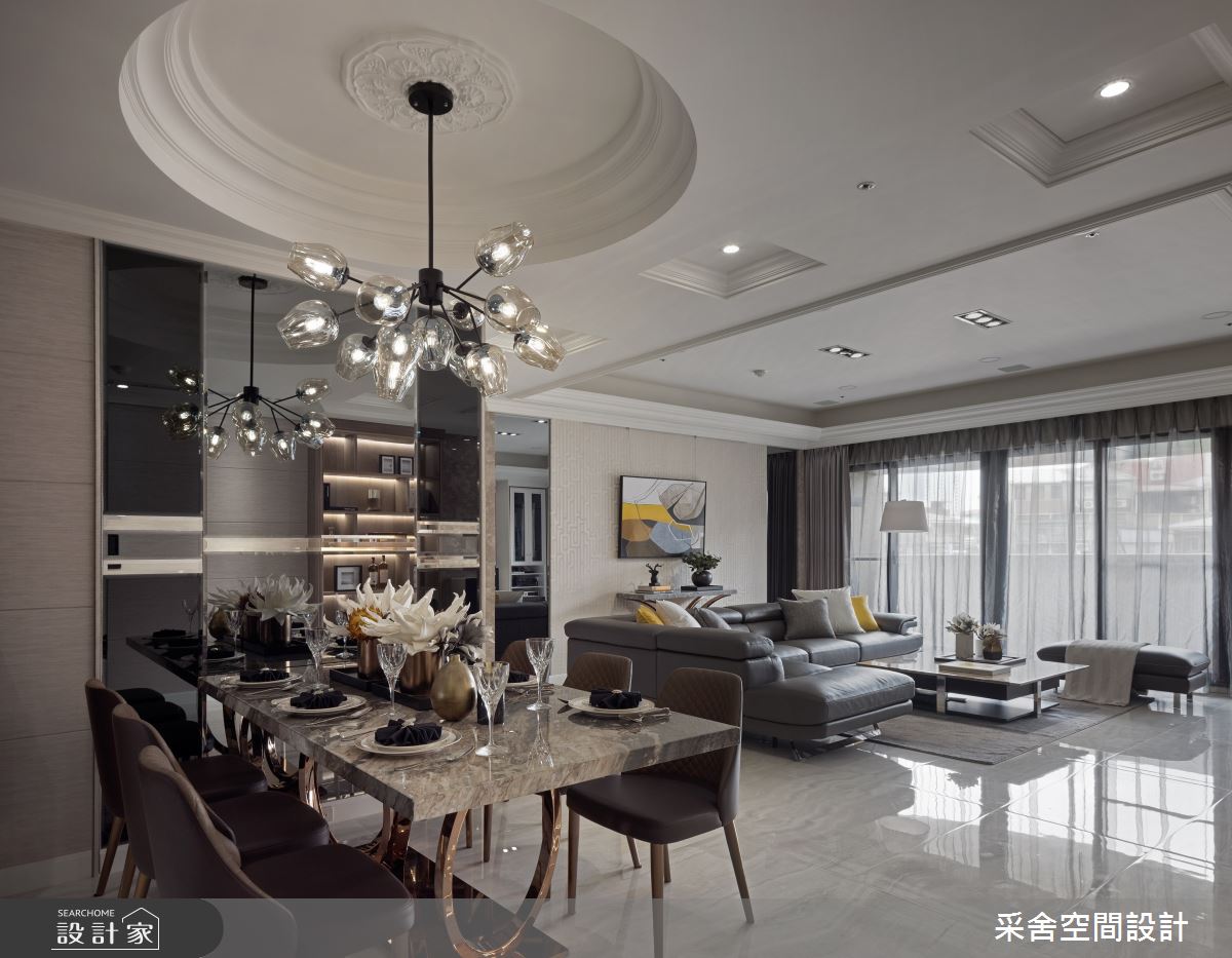 餐廳藉由材質延續,放大空間,並搭配圓弧天花,體現現代與古典的完美編織。 餐廳藉由材質延續,放大空間,並搭配圓弧天花,體現現代與古典的完美編織。