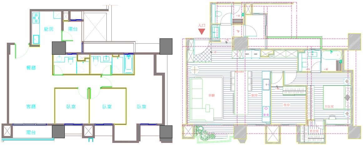 將廚房位移至開放空間,衛浴區域在建商的規範內,均可隨使用需求變動位置。(客變Before + After)平面圖提供_明代室內設計。 將廚房位移至開放空間,衛浴區域在建商的規範內,均可隨使用需求變動位置。(客變Before + After)平面圖提供_明代室內設計。