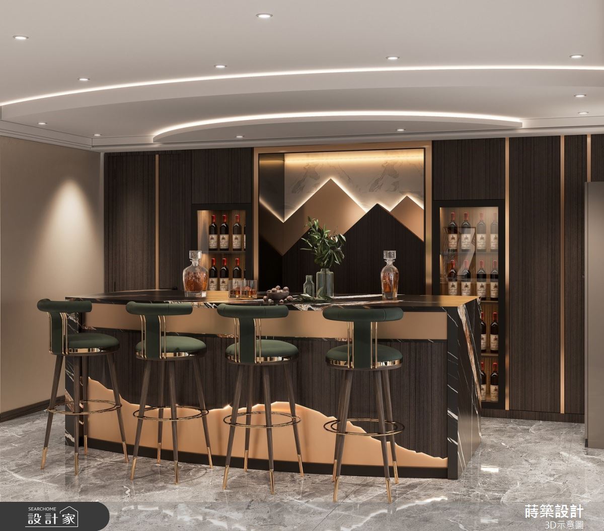 吧台背牆以金屬與木皮塑造山景意象並以燈光營造層次質感。 吧台背牆以金屬與木皮塑造山景意象並以燈光營造層次質感。