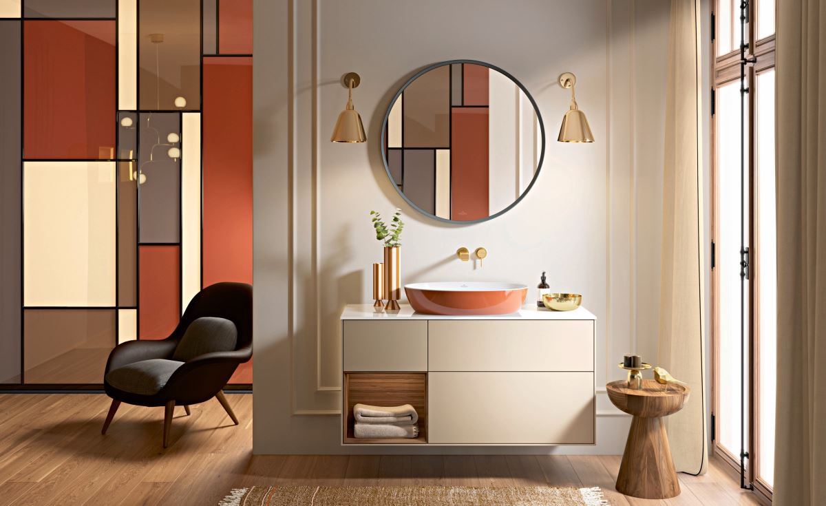 Villeroy & Boch的ARTIS系列中,以鐵鏽橘為基底,色塊拼接與金屬材質的局部點綴,營造溫潤的梳洗空間。 Villeroy & Boch的ARTIS系列中,以鐵鏽橘為基底,色塊拼接與金屬材質的局部點綴,營造溫潤的梳洗空間。