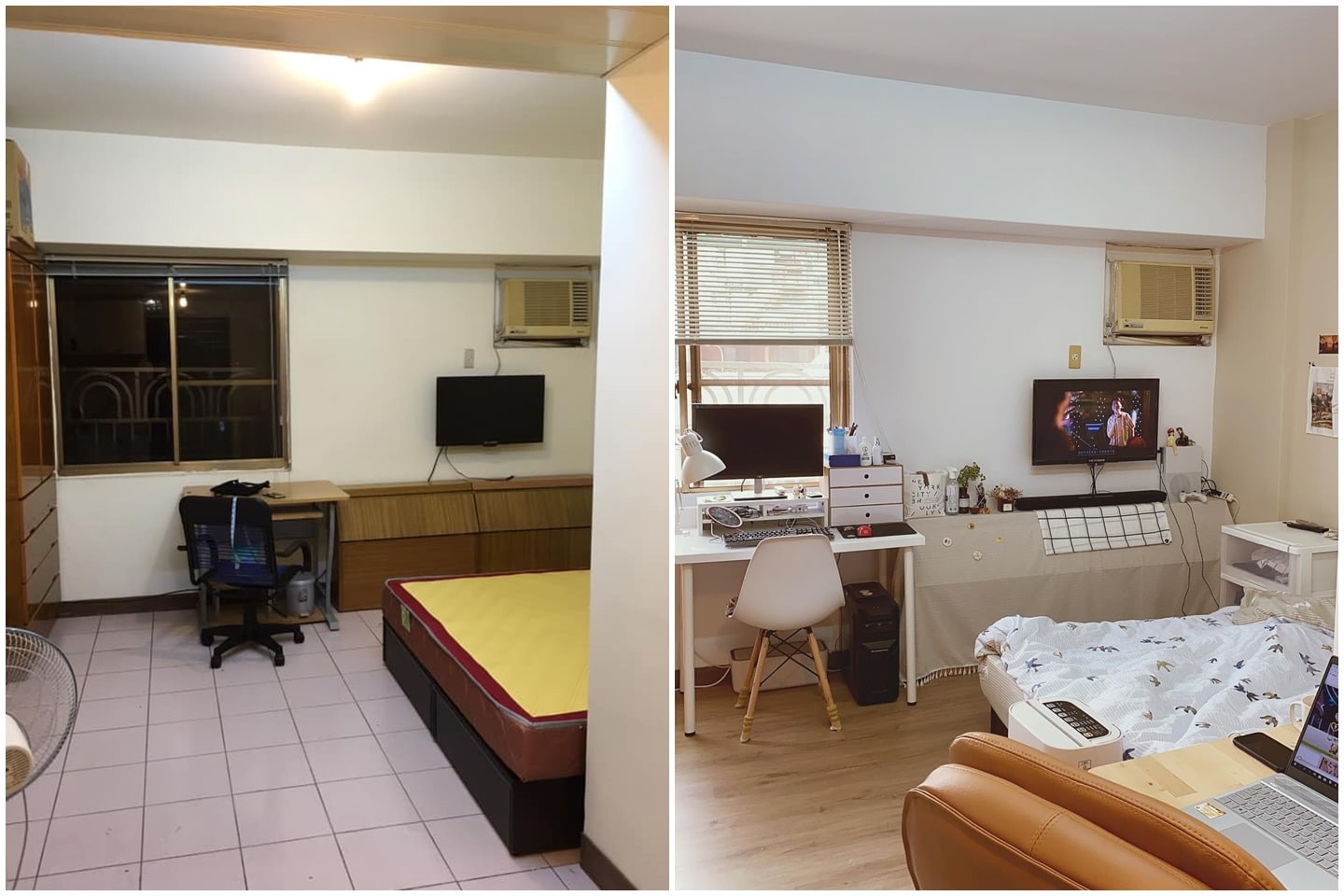 原有磁磚 vs 卡扣地板。 原有磁磚 vs 卡扣地板。
