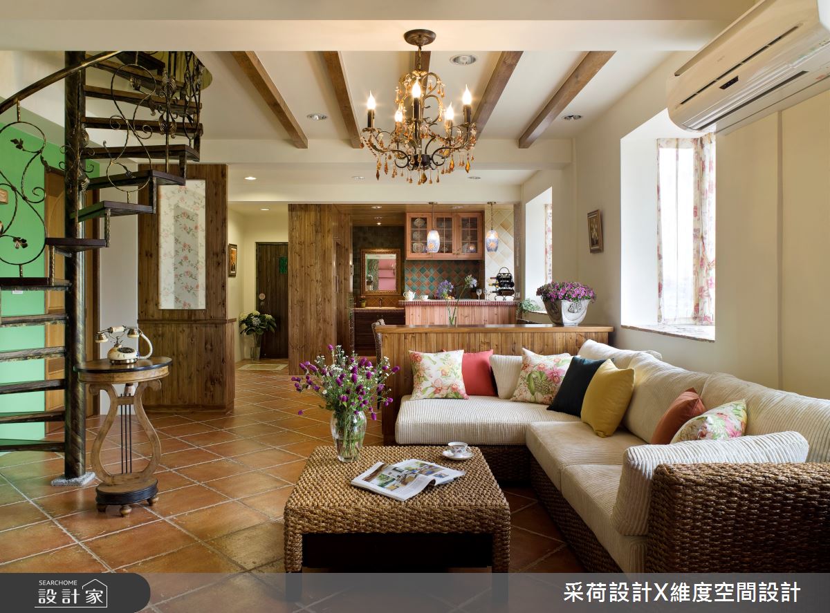 36坪老屋(16~30年)＿鄉村風客廳餐廳廚房樓梯中島案例圖片＿采荷設計X維度空間設計＿采荷X維度_02之1