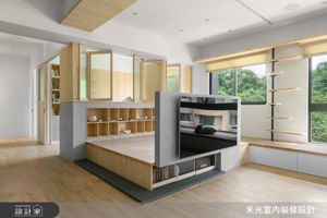 酪梨綠日系親子空間放大術：寵物專屬層架×海量格柵書牆的日式休閒風設計_視覺圖